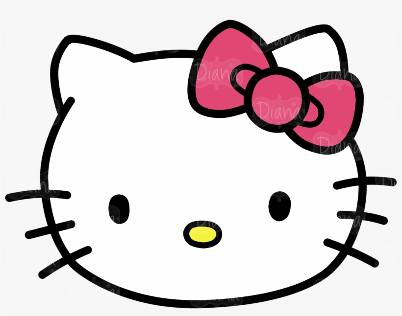 Hello Kitty face with pink bow, black outline, yellow nose, and whiskers on white background.