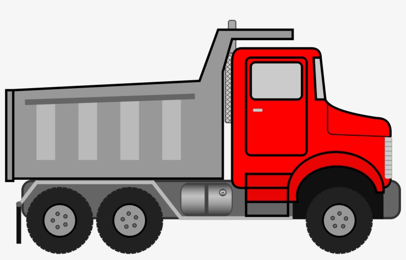 Red cab and gray dump truck with raised bed, side view illustration.