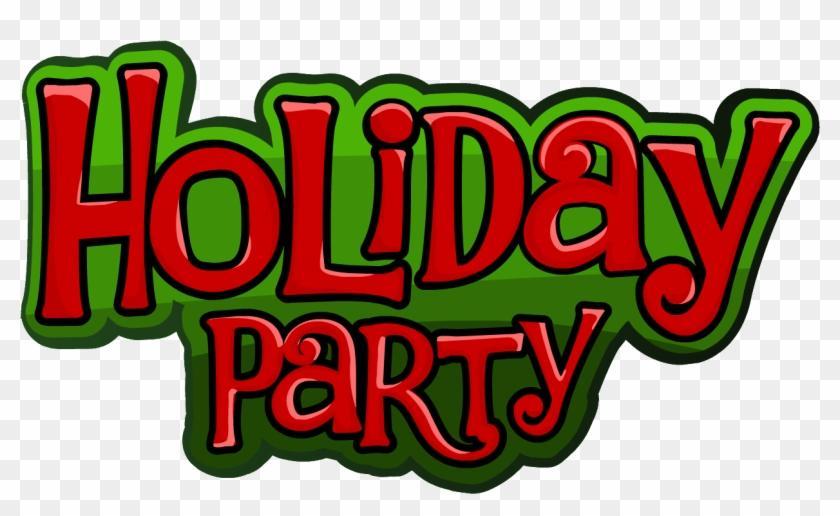 Festive "Holiday Party" logo in bold red text with green outline and shadow, styled for seasonal celebrations.