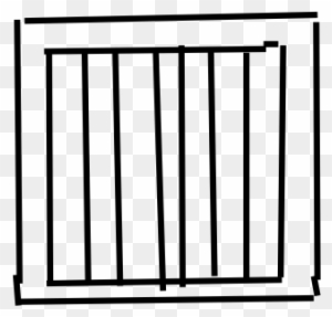 Simple line drawing of a barred window or gate with vertical slats inside a rectangular frame.