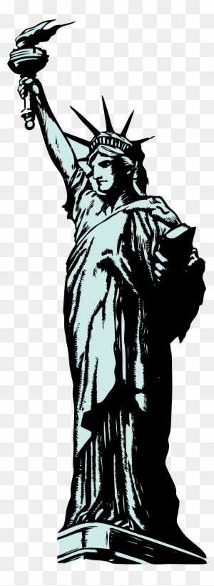 Statue of Liberty illustration holding torch and tablet, stylized line art with teal shading on transparent background.