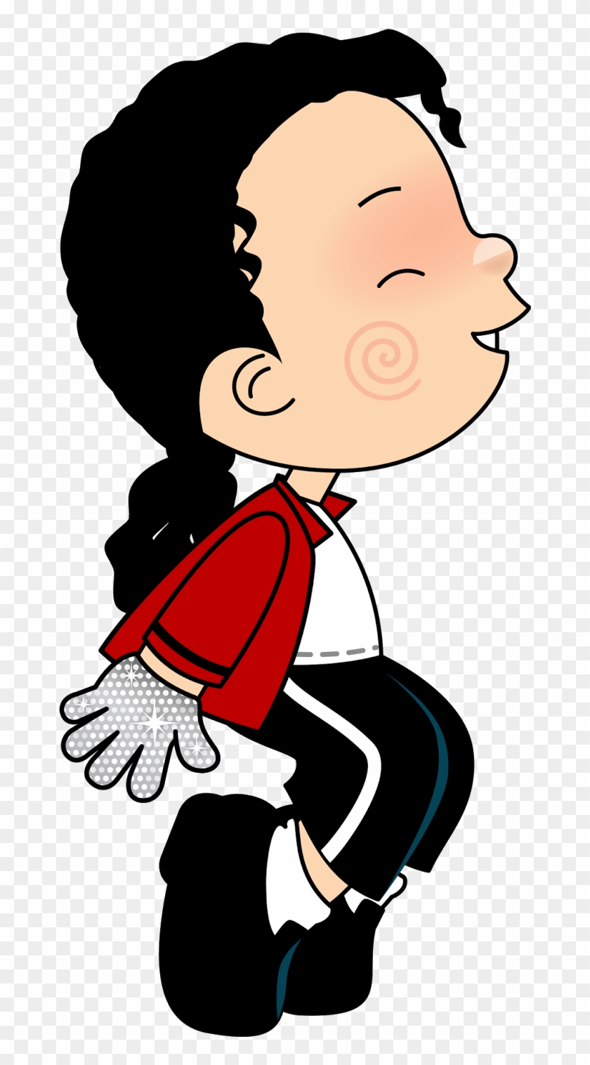 Chibi-style cartoon of a joyful dancer in red jacket, white shirt, black pants, and sparkly glove, mid-movement with curly hair.