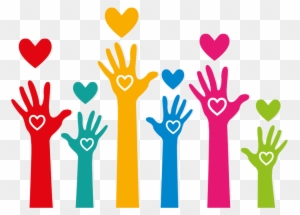 Colorful raised hands with heart symbols, symbolizing unity, love, and community support.