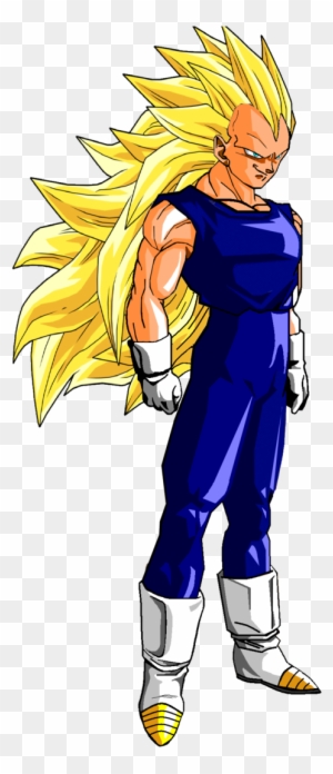 Super Saiyan 3 Vegeta in blue battle suit with spiky golden hair and intense expression.