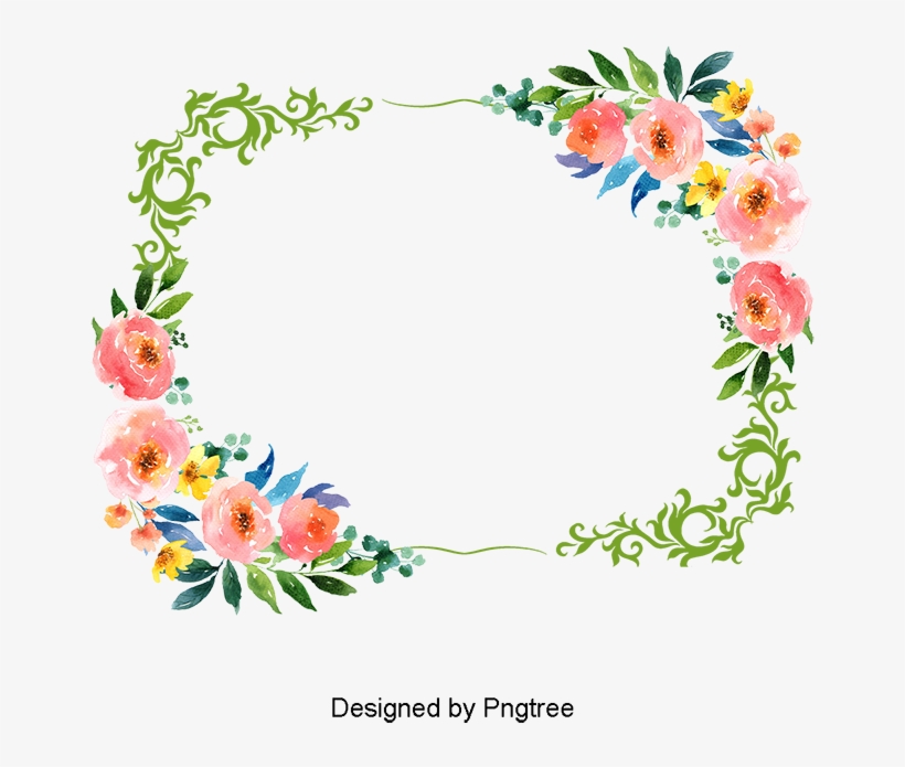 Watercolor floral frame with pink roses, yellow accents, and green vine scrollwork on white background.