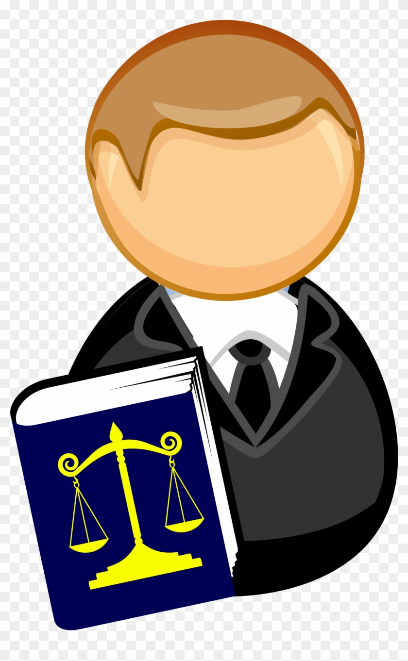 Cartoon lawyer holding a blue law book with golden scales of justice on the cover.