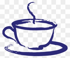 Blue sketch-style illustration of a steaming teacup on a saucer against transparent background.