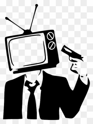 Black-and-white illustration of a suited figure with a vintage TV for a head, holding a pistol to the screen.