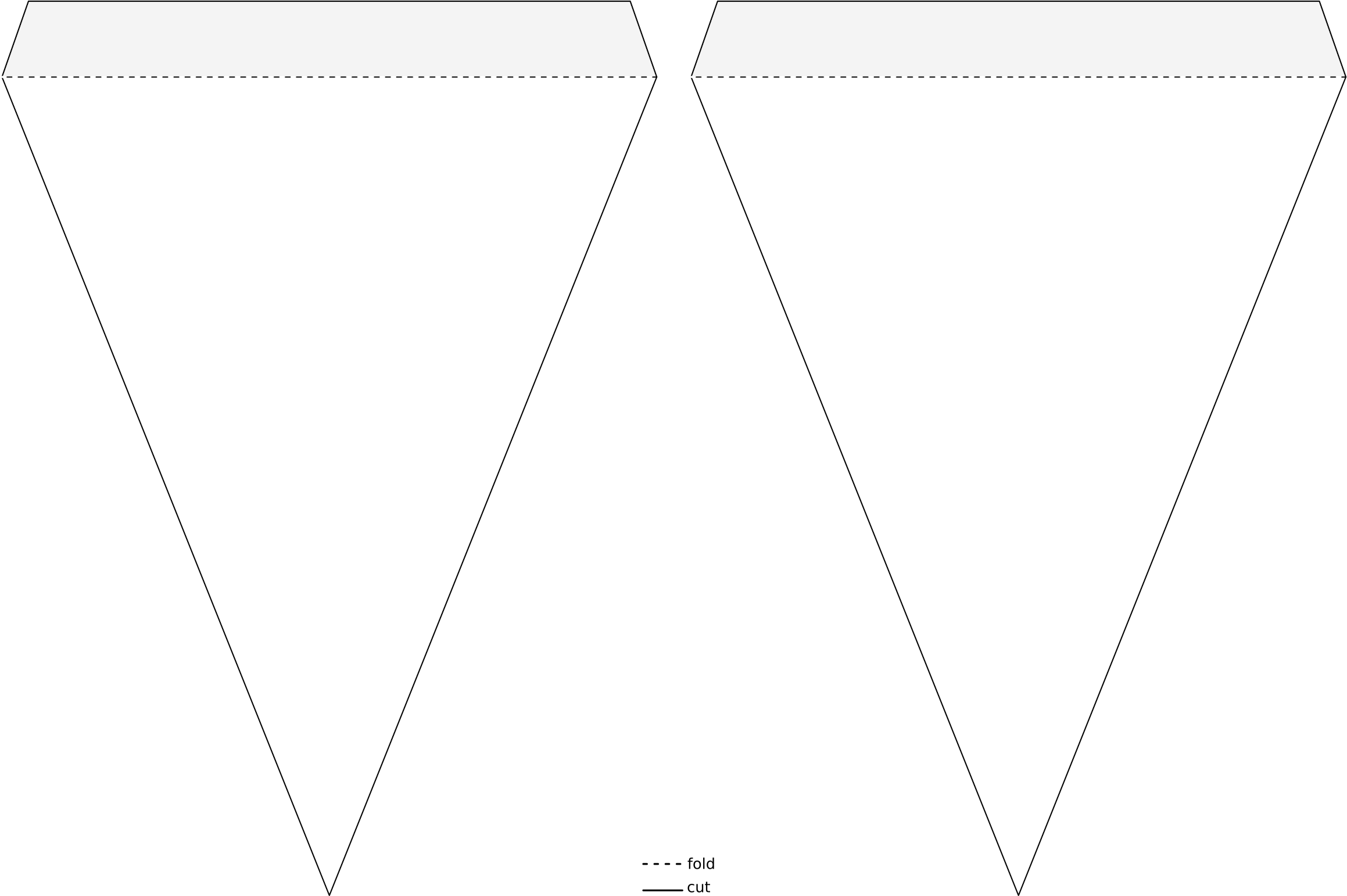 Two white triangular pennant flags on black background, joined at apex with dashed fold line.