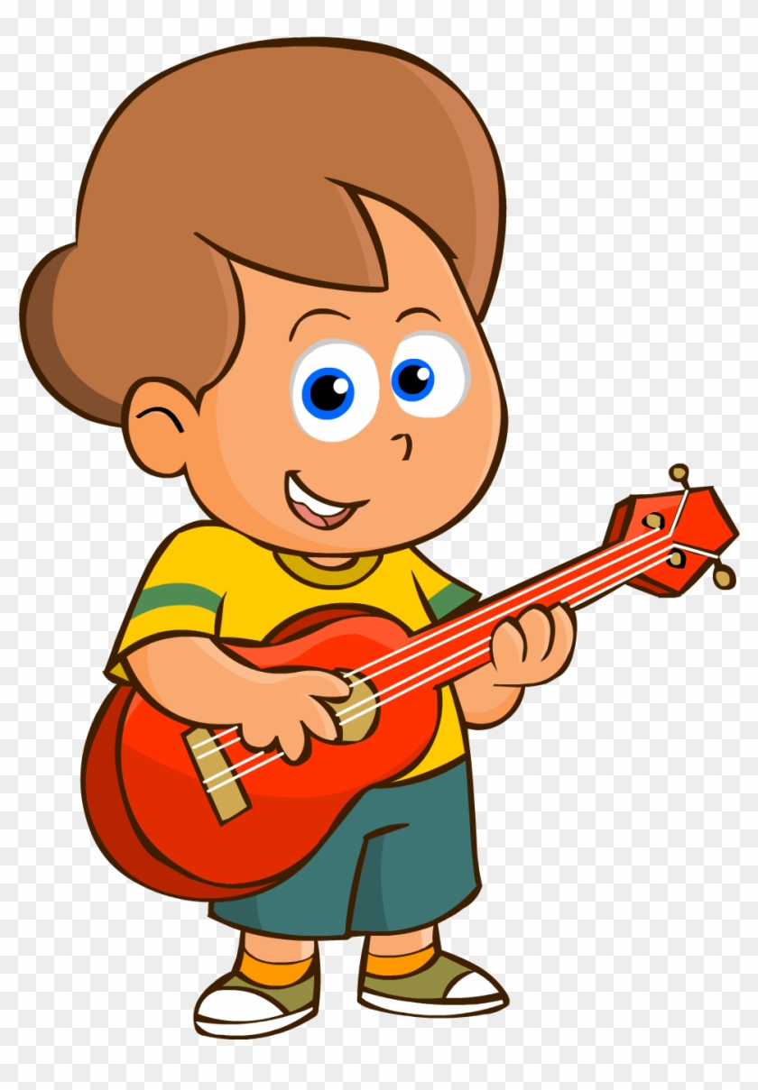 Happy cartoon boy with brown hair playing a red ukulele, wearing yellow shirt and green shorts.