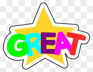 Colorful star-shaped sticker with the word "GREAT" in bold, multicolored letters on a transparent background.