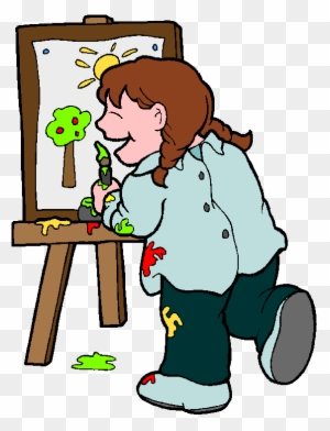 A joyful child with braided hair paints a sunny tree on canvas at an easel, wearing paint-splattered clothes.