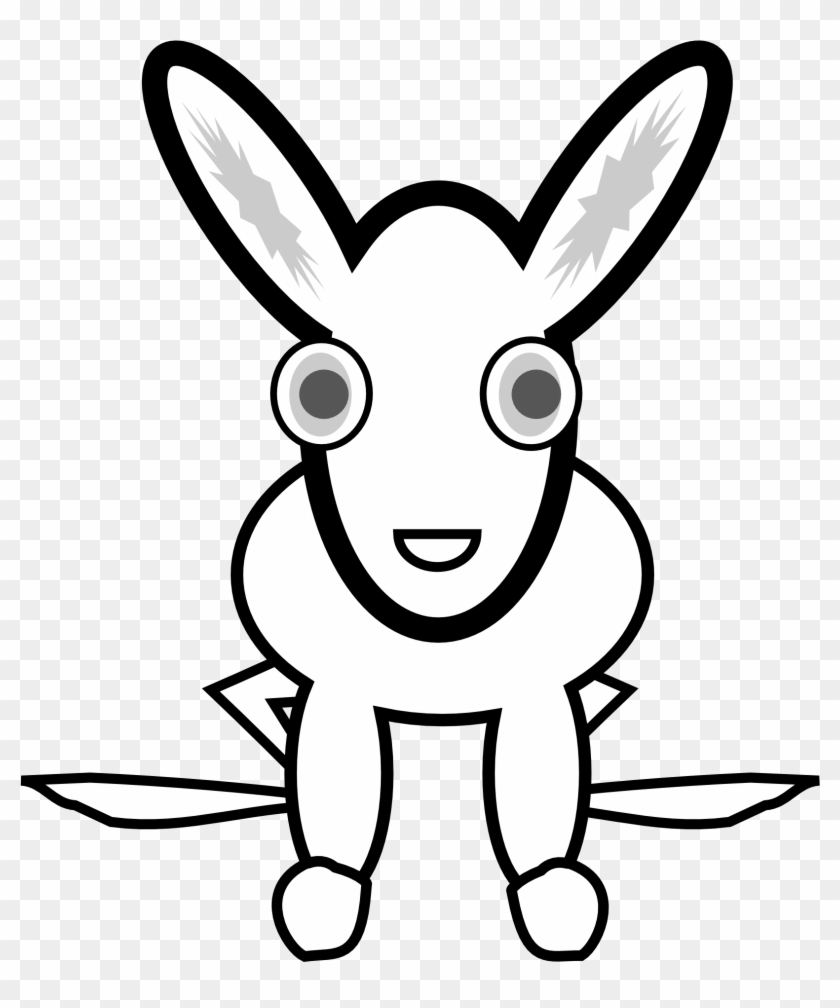 Cartoon rabbit with large eyes, upright ears, and a cheerful smile, sitting with arms outstretched.