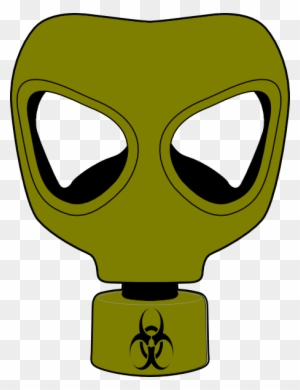 Olive-green gas mask with biohazard symbol on filter canister, cartoon-style illustration.