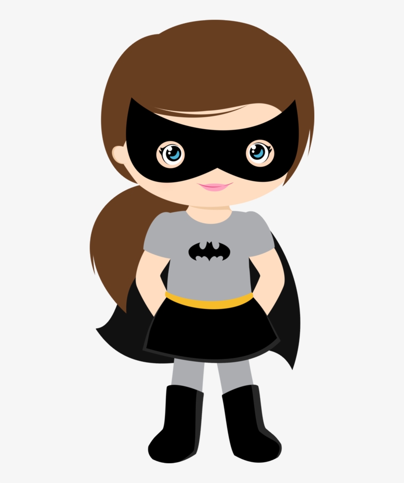 Chibi-style girl in Batman-inspired costume with mask, cape, and logo shirt.