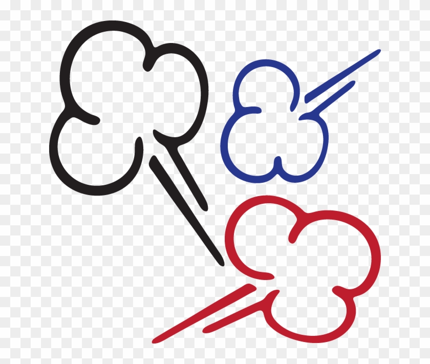 Three stylized cloud or smoke icons in black, blue, and red with motion trails, symbolizing speed or impact.