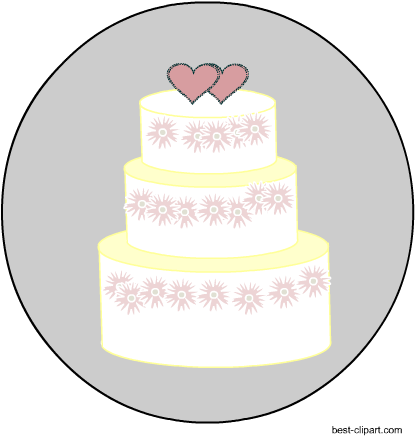 Three-tier white wedding cake with pink floral decorations and two hearts on top.