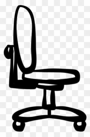 Simple black-and-white line drawing of a modern office chair with wheels, backrest, and armrest.