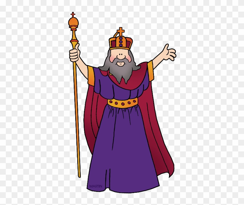 Cartoon king with crown, purple robe, red cape, and golden scepter, smiling with arms raised.