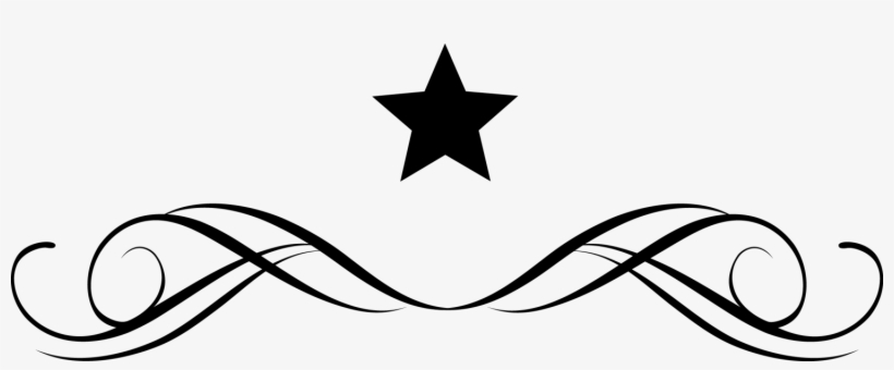 Black five-pointed star centered above elegant black scrollwork flourishes on white background.
