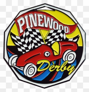 Pinewood Derby logo featuring a red race car, checkered flag, and bold text in a shield-shaped emblem.