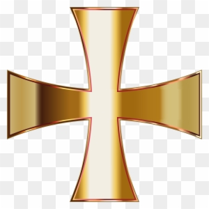 Golden Maltese cross with metallic sheen and tapered arms on transparent background.