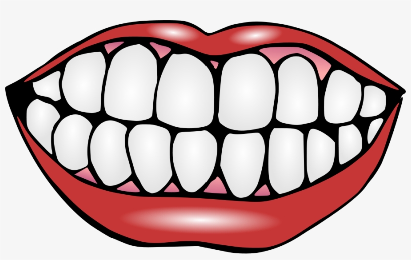 Cartoon illustration of a wide smile with bright white teeth and red lips.