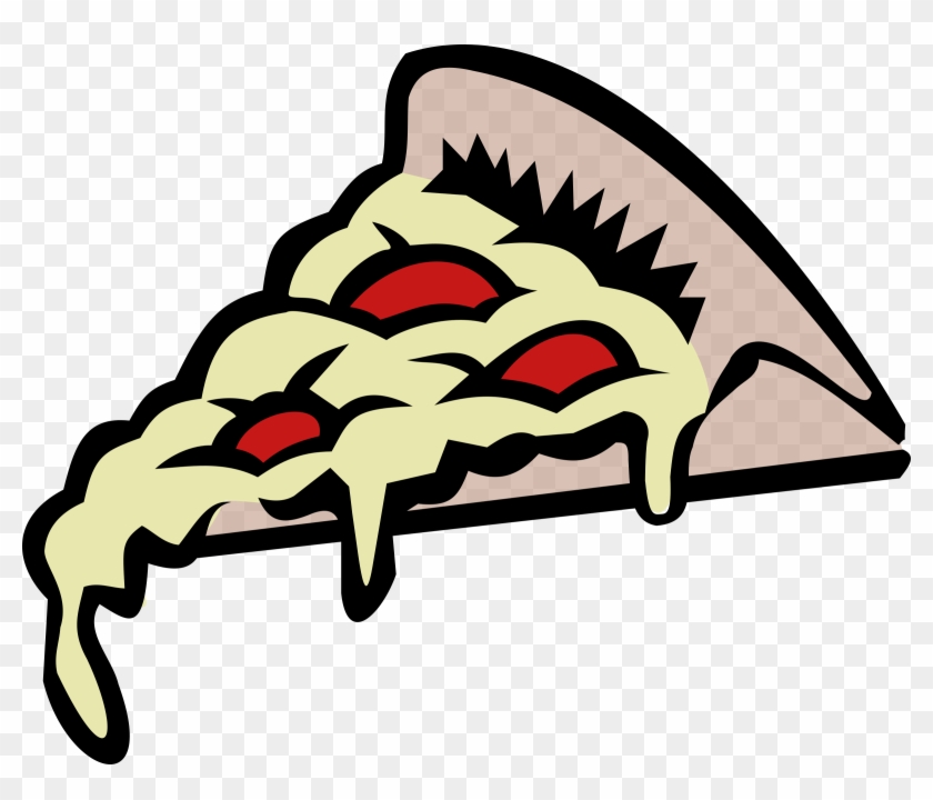 Cartoon-style slice of pizza with melted cheese and tomato sauce, dripping over the crust.