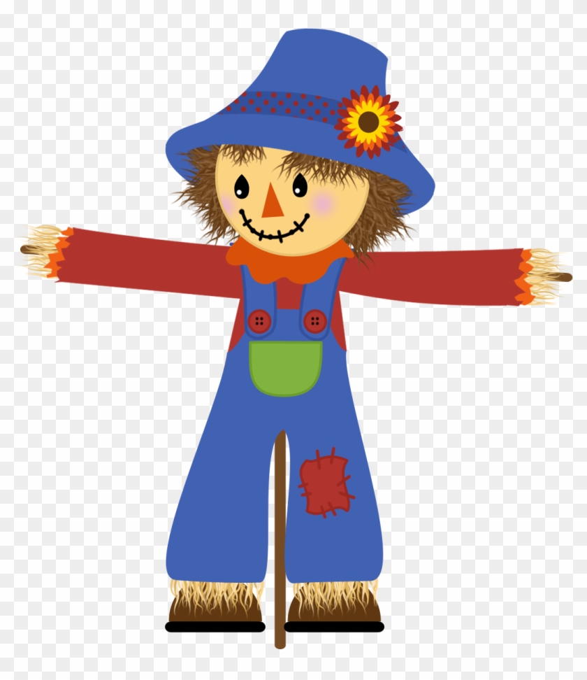 Cheerful cartoon scarecrow wearing a blue hat with sunflower, red shirt, blue overalls, and holding a stick.