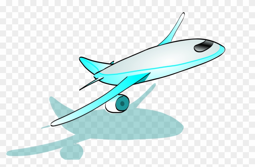 Stylized cartoon airplane in light blue and white, flying with shadow below on transparent background.