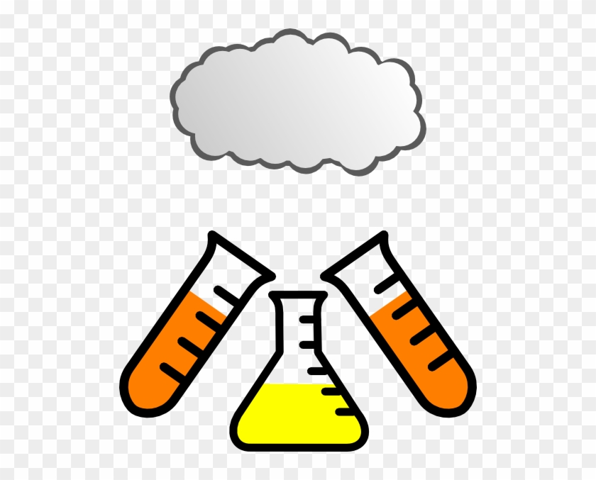 Illustration of two orange-filled test tubes flanking a yellow-filled Erlenmeyer flask, symbolizing a chemical reaction or lab experiment.