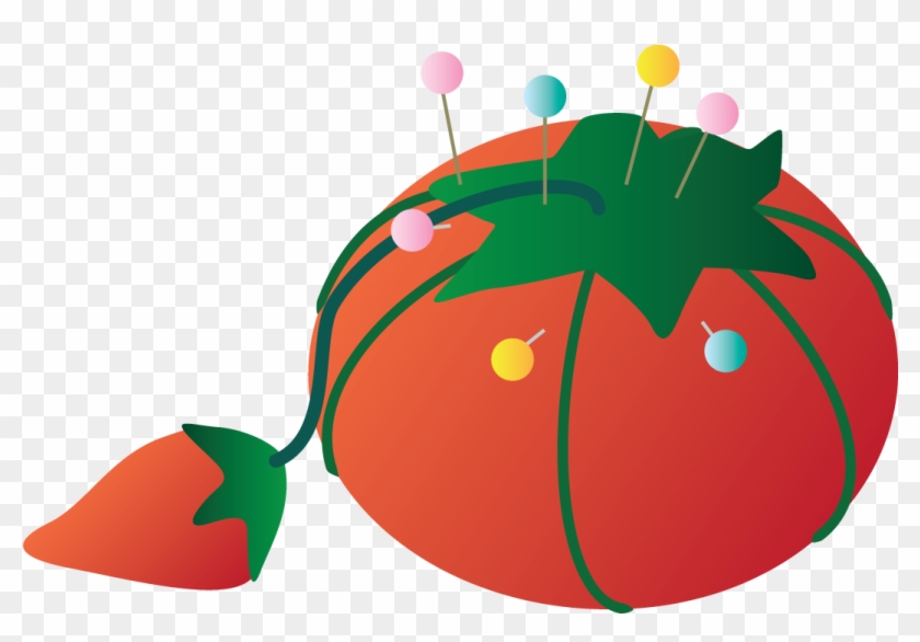 A tomato-shaped pincushion with colorful pins stuck in its green leafy top and body.