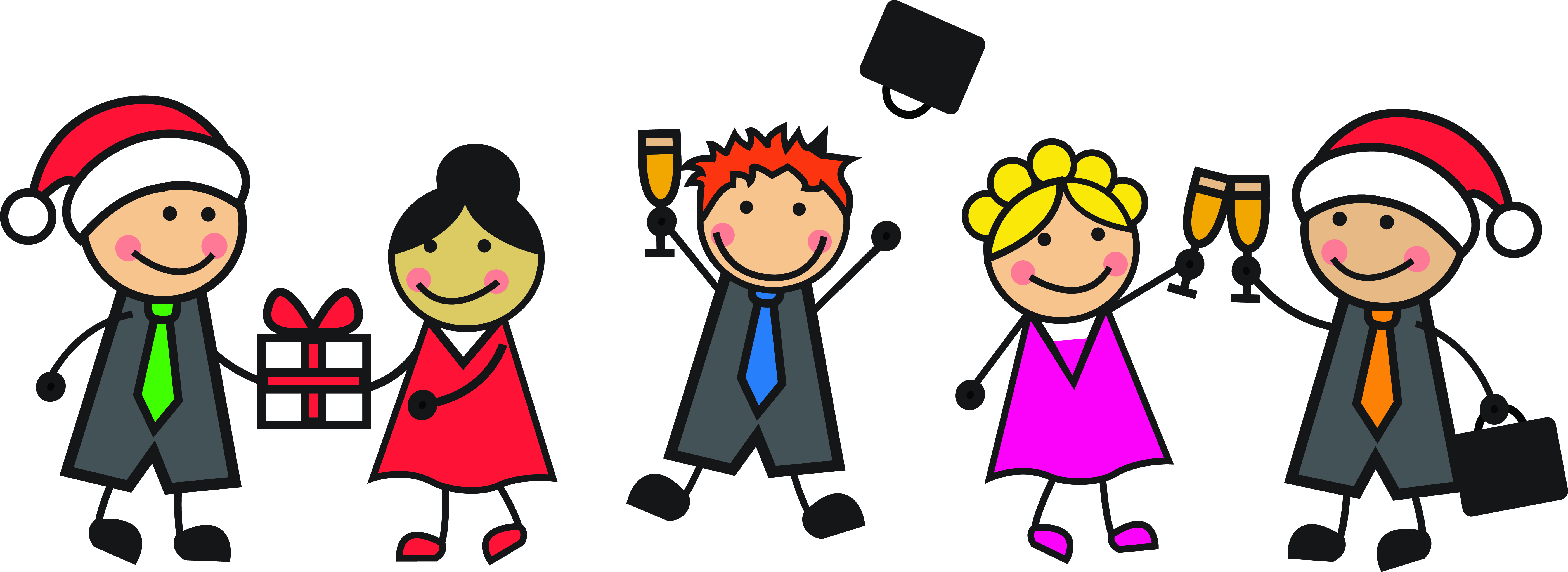 Five cheerful stick-figure people in business attire and Santa hats celebrating with gifts, champagne, and a tossed briefcase.