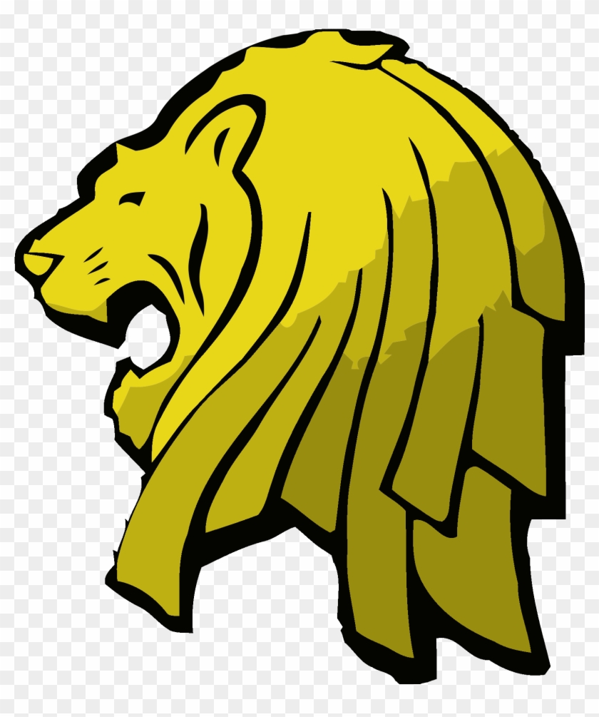 Golden roaring lion head logo with bold black outline and stylized mane.