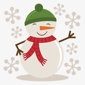 Cheerful snowman wearing green beanie and red scarf, surrounded by falling snowflakes.