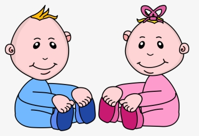 Cartoon illustration of a smiling baby boy in blue and baby girl in pink, sitting side by side.