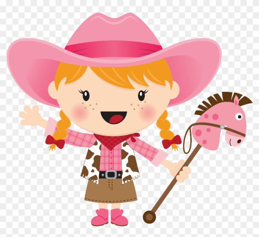 Smiling cartoon girl in pink cowboy hat and cowprint vest holding a pink hobby horse.