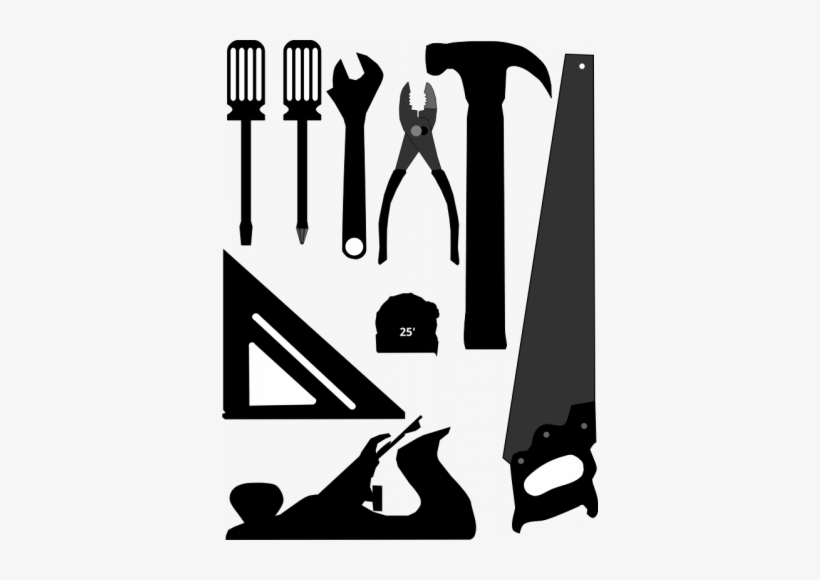 Silhouettes of common hand tools including screwdrivers, wrench, pliers, hammer, saw, speed square, tape measure, and hand plane.