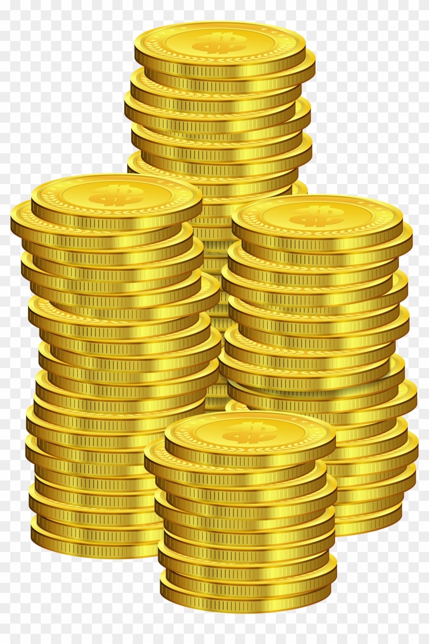 Four stacks of shiny gold coins with dollar symbols, arranged in a pyramid-like formation on transparent background.
