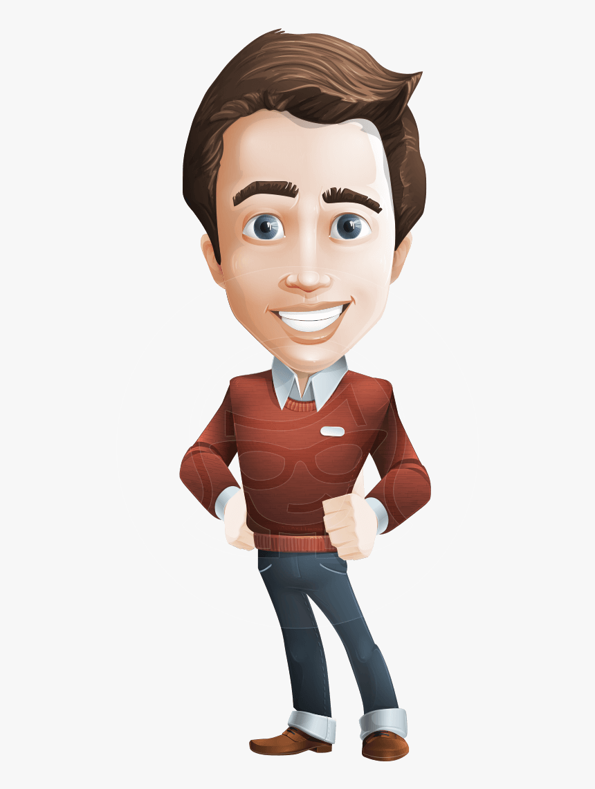 Friendly cartoon man in red sweater and jeans, smiling with hands on hips.