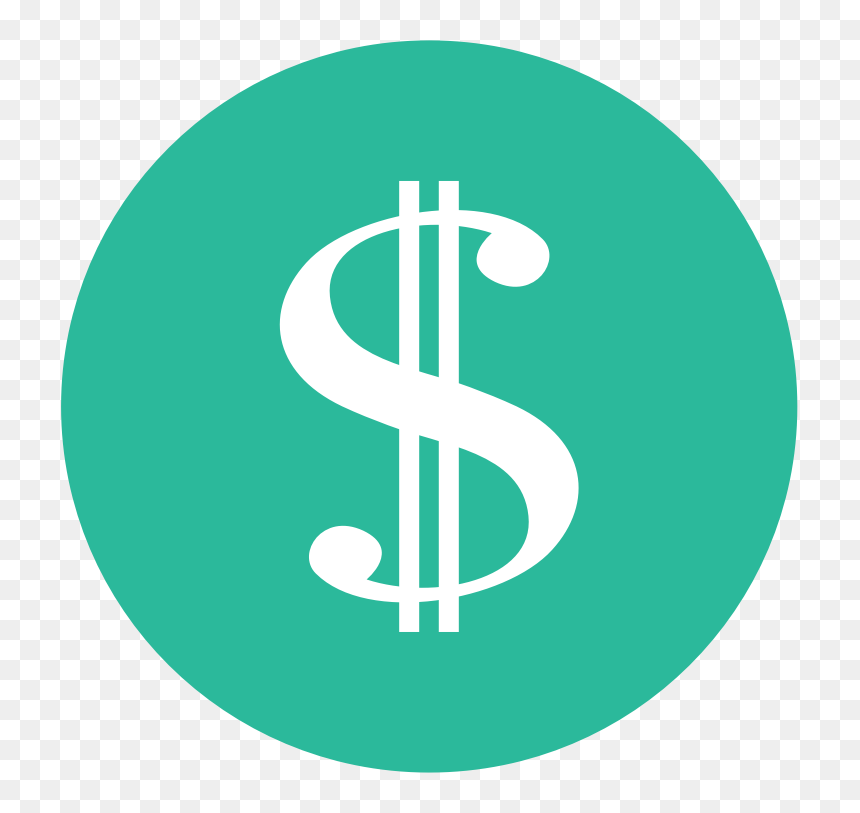 White dollar sign icon centered in a teal circular background on transparent checkered canvas.