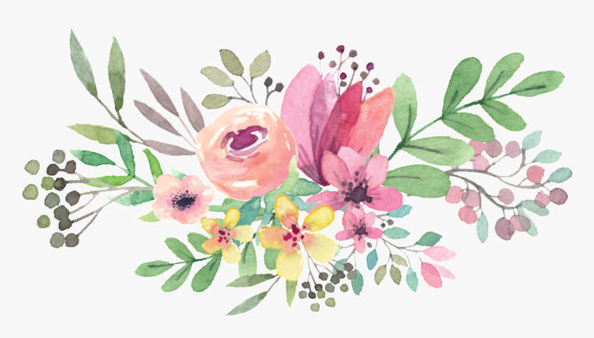 Watercolor floral arrangement with pink, peach, and yellow blossoms, green leaves, and berry clusters on white background.