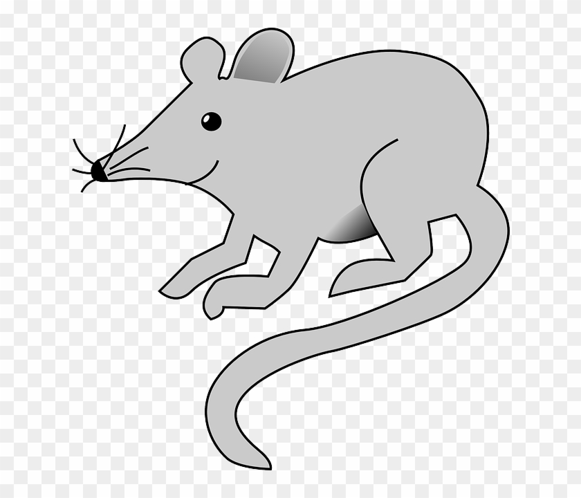 Gray cartoon mouse in mid-leap with long tail and whiskers, on transparent background.