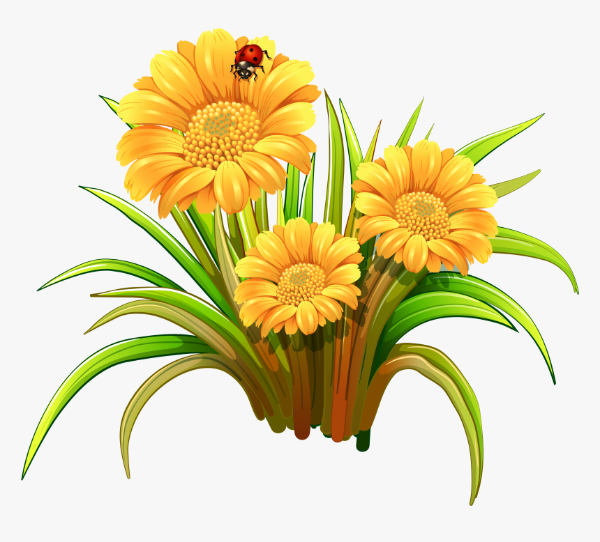 Bright yellow daisies with green leaves and a red ladybug perched on one bloom.
