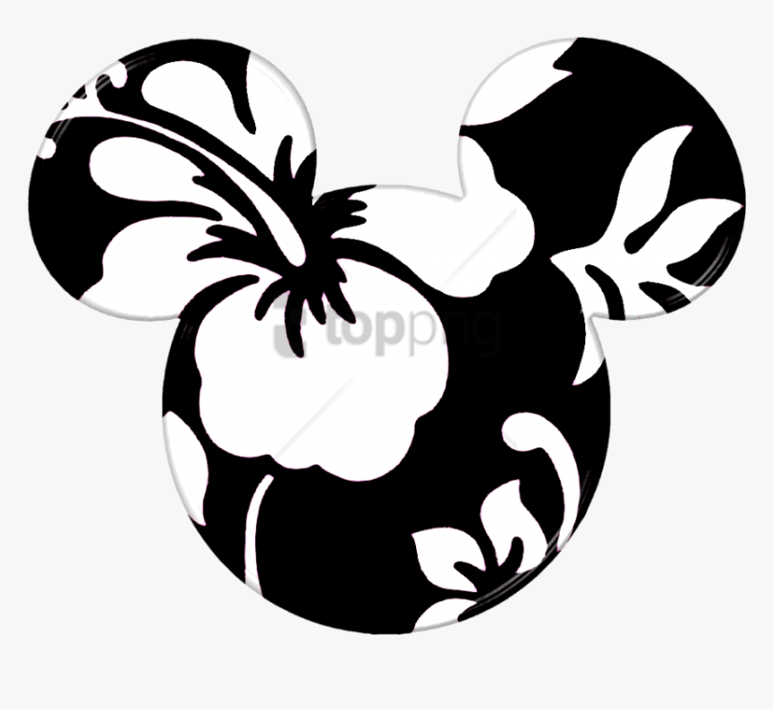 Black and white floral Mickey Mouse silhouette with hibiscus and leaf patterns.