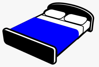 Simple cartoon-style bed with blue blanket, white pillows, and black frame on light background.