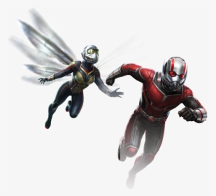 Ant-Man and Wasp in dynamic flight, showcasing their superhero suits and wings against a white background.