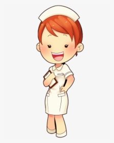 Cheerful cartoon nurse with red hair, white uniform, and cap, holding a clipboard with a smile.