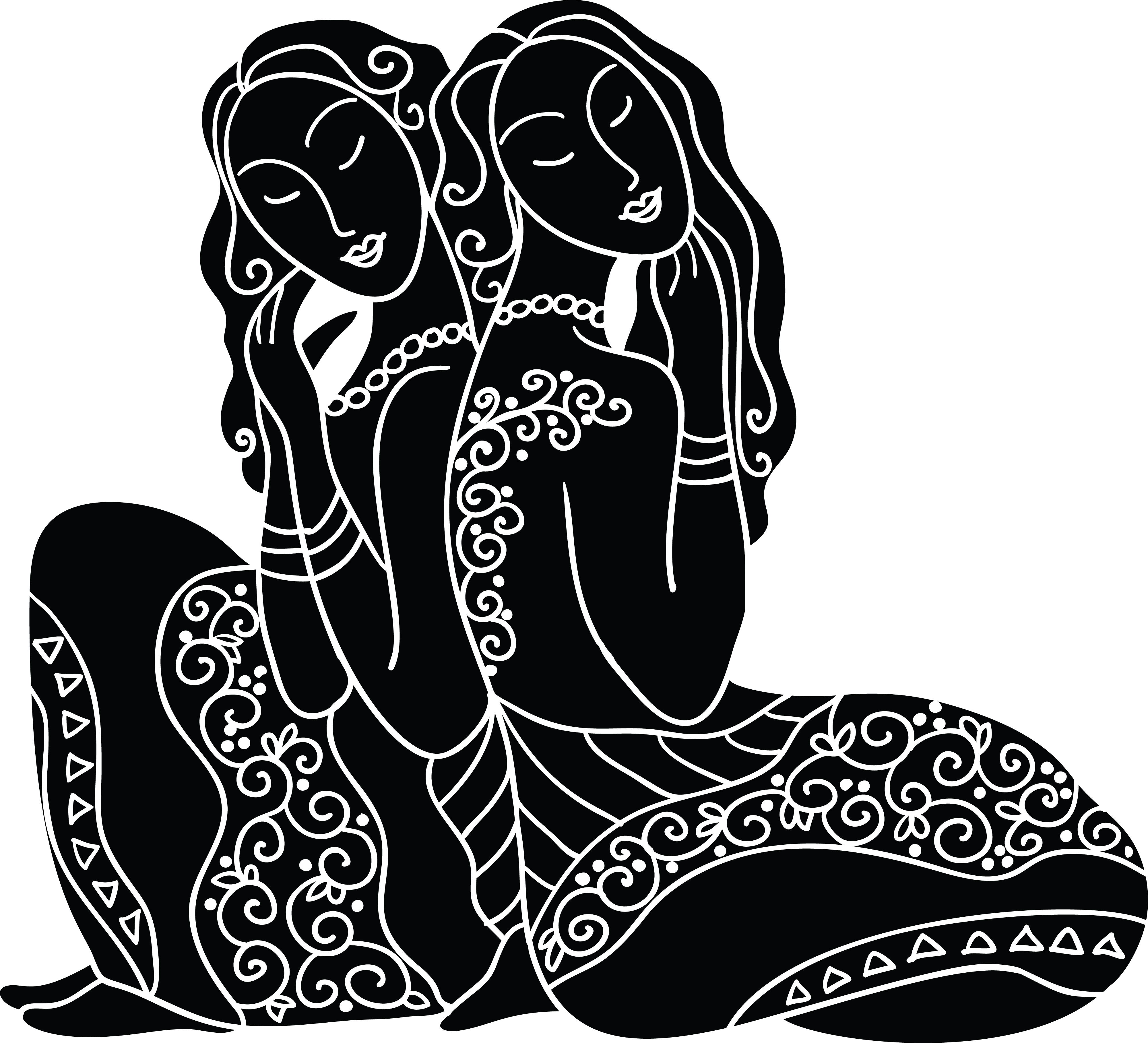 Two stylized women in ornate traditional attire, seated side by side with serene expressions and intricate scrollwork patterns.