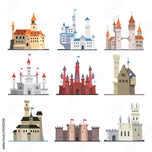 Nine flat-style medieval castle illustrations in various colors and architectural designs.